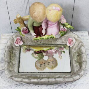 Vintage Norleans Bisque Porcelain Figurine Trinket Dish | Boy Girl Kneeling Pond